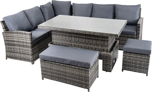 Grey Rattan 7-Seater Sofa Set with Stools and Table