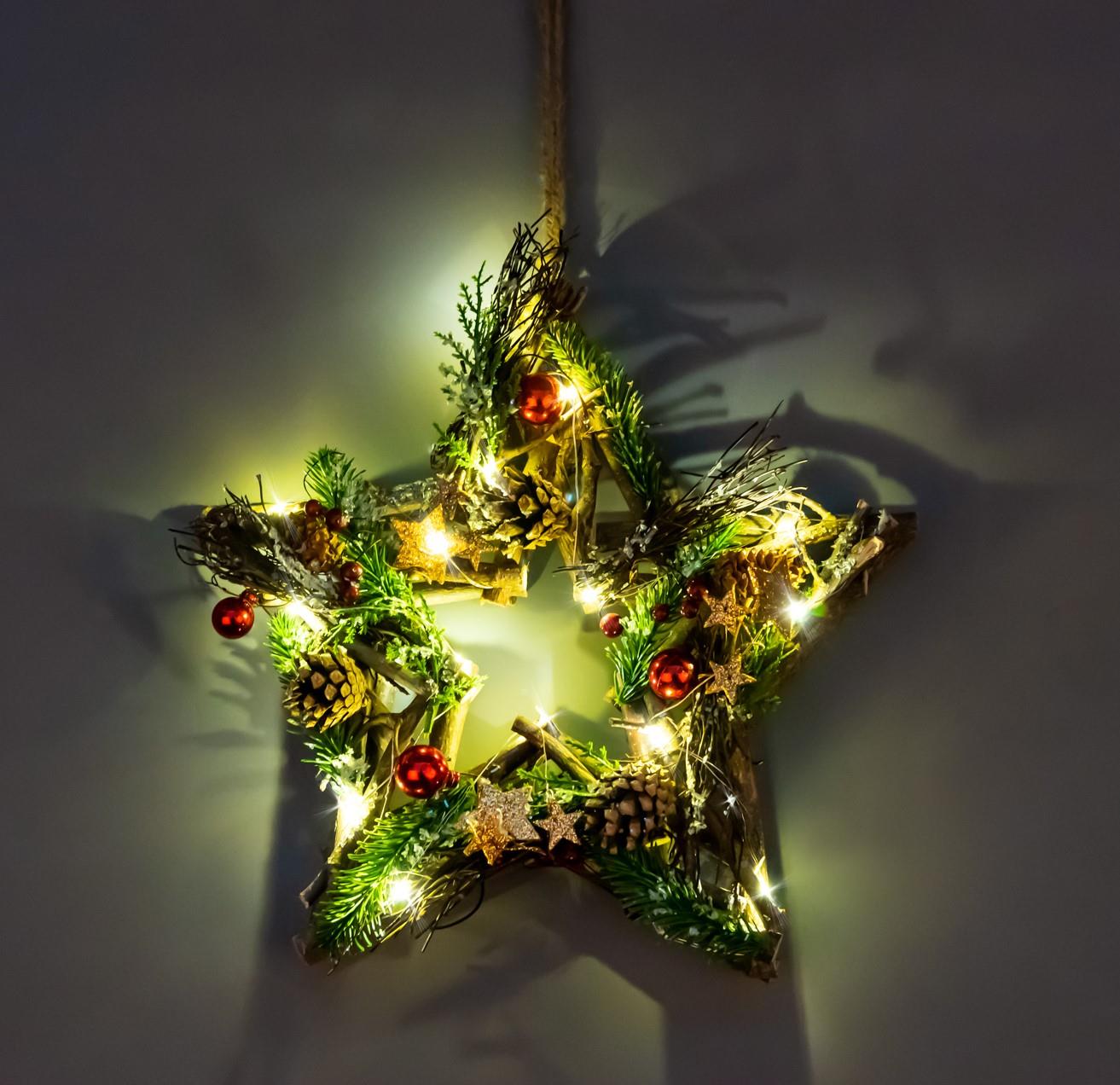 35cm LED Twig Hanging Star Red/Brown