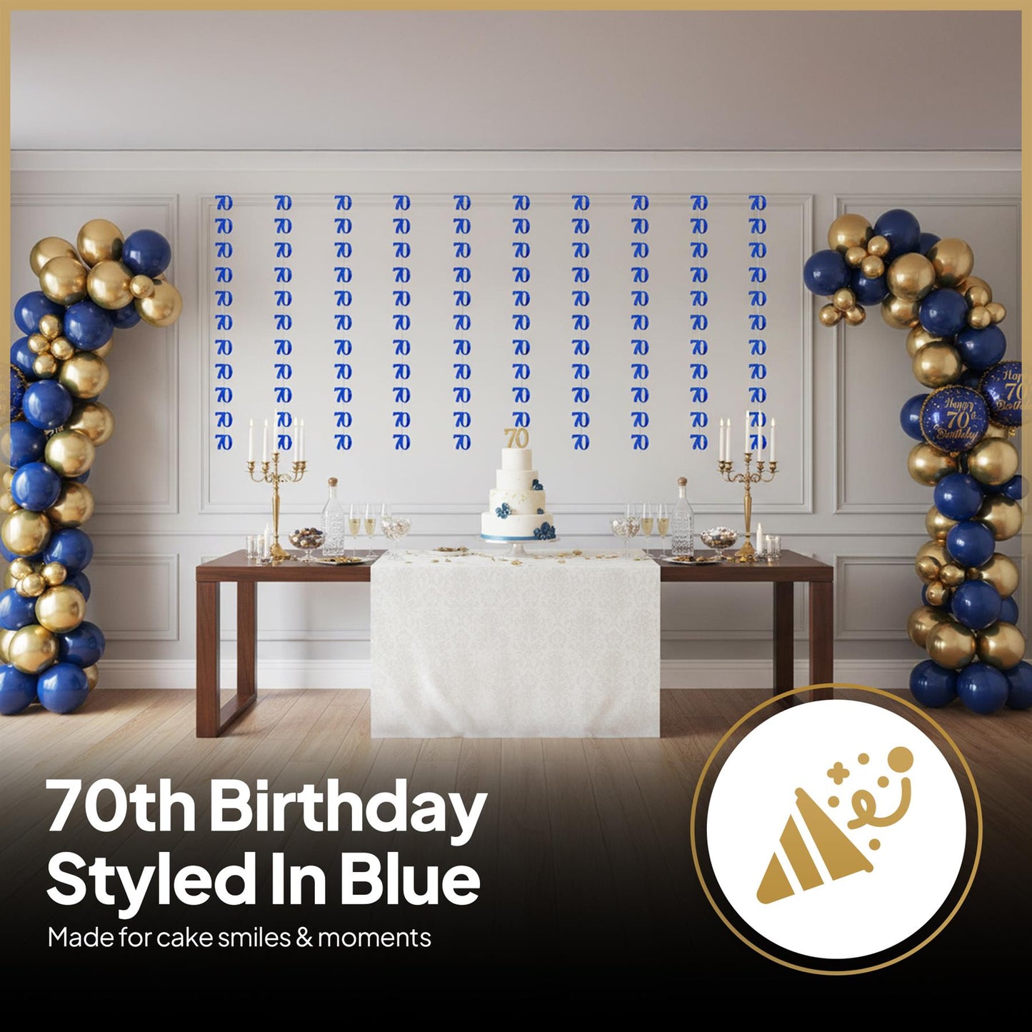 Shatchi 70th Glitz Blue Foil Hanging String Party Decorations Pack of 6
