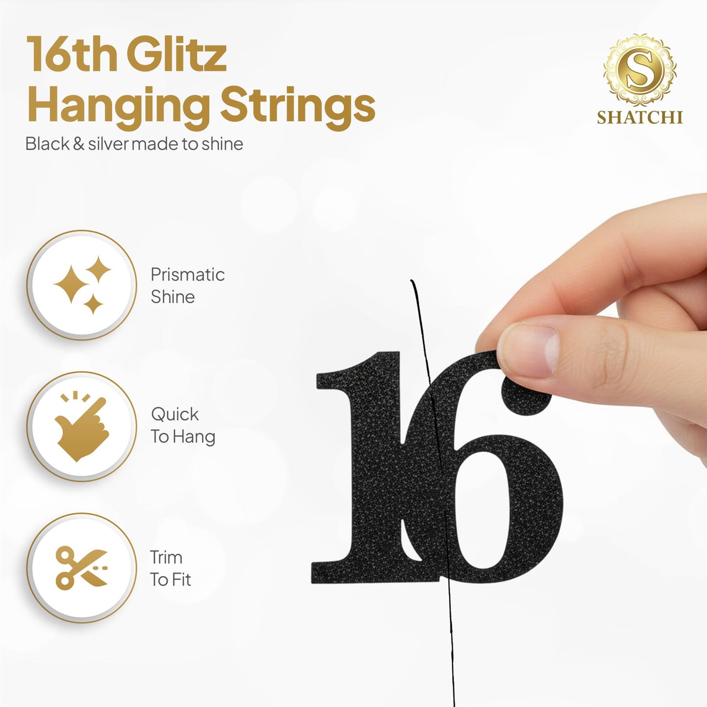Shatchi 16th Glitz Black & Silver Hanging String Decorations Pack of 6