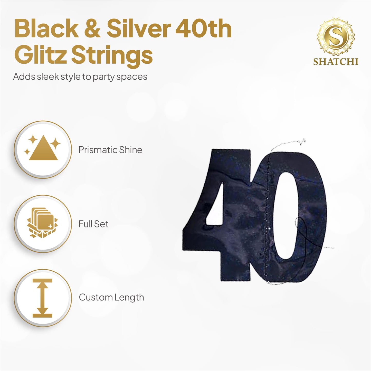 Shatchi 40th Glitz Black & Silver Hanging String Decorations Pack of 6