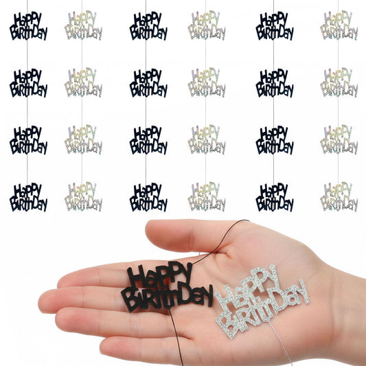 Shatchi Happy Birthday Black & Silver Hanging String Decorations Pack of 6