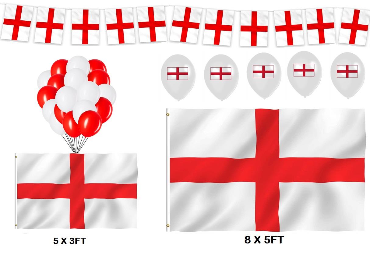England Party Pack Total 38Pcs Including 8x5ft Flag 5x3ft Flag,10M/25Flags Square Bunting 10 St George Balloons and 25 Red and White Balloons