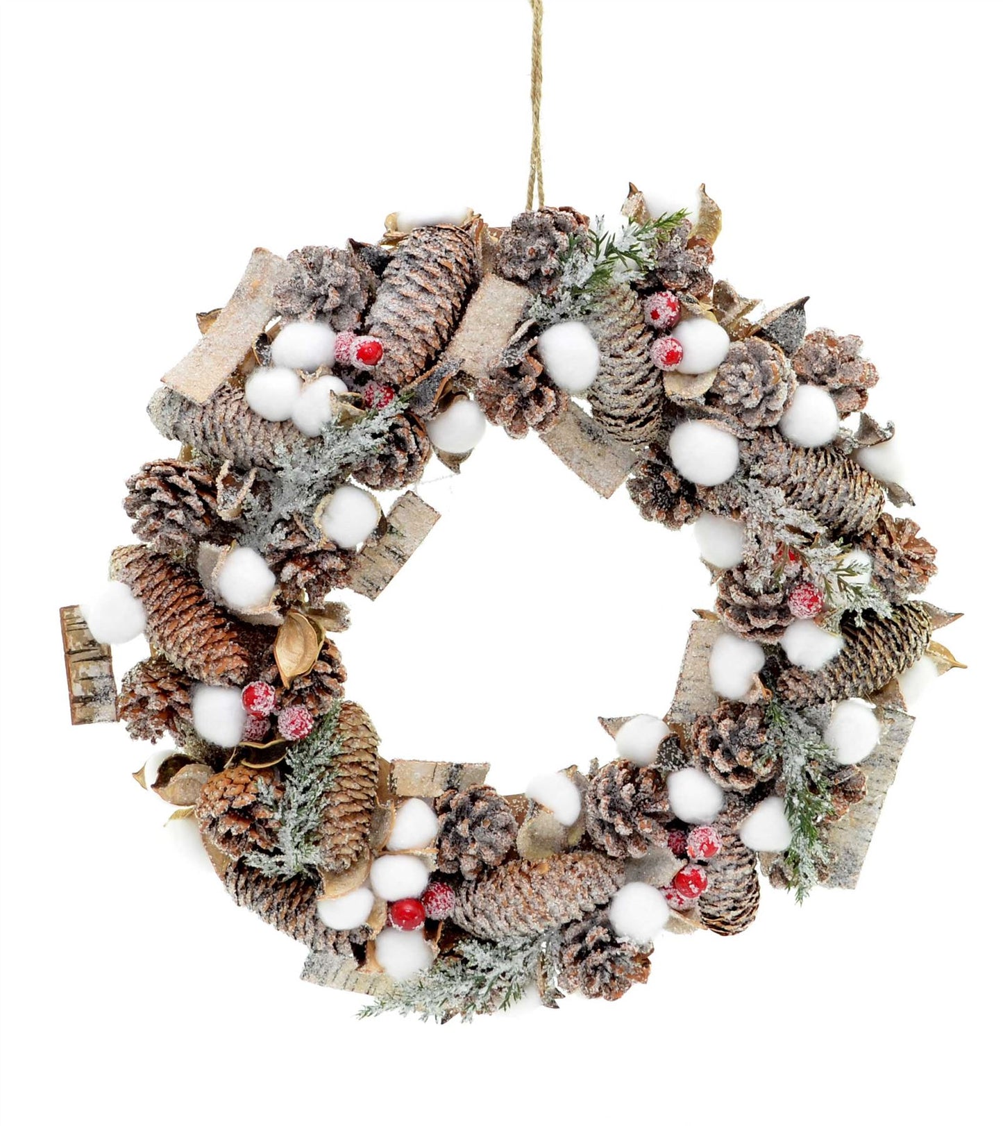 35cm Christmas Cotton Wreath Frost Tips Pine Cones Berries