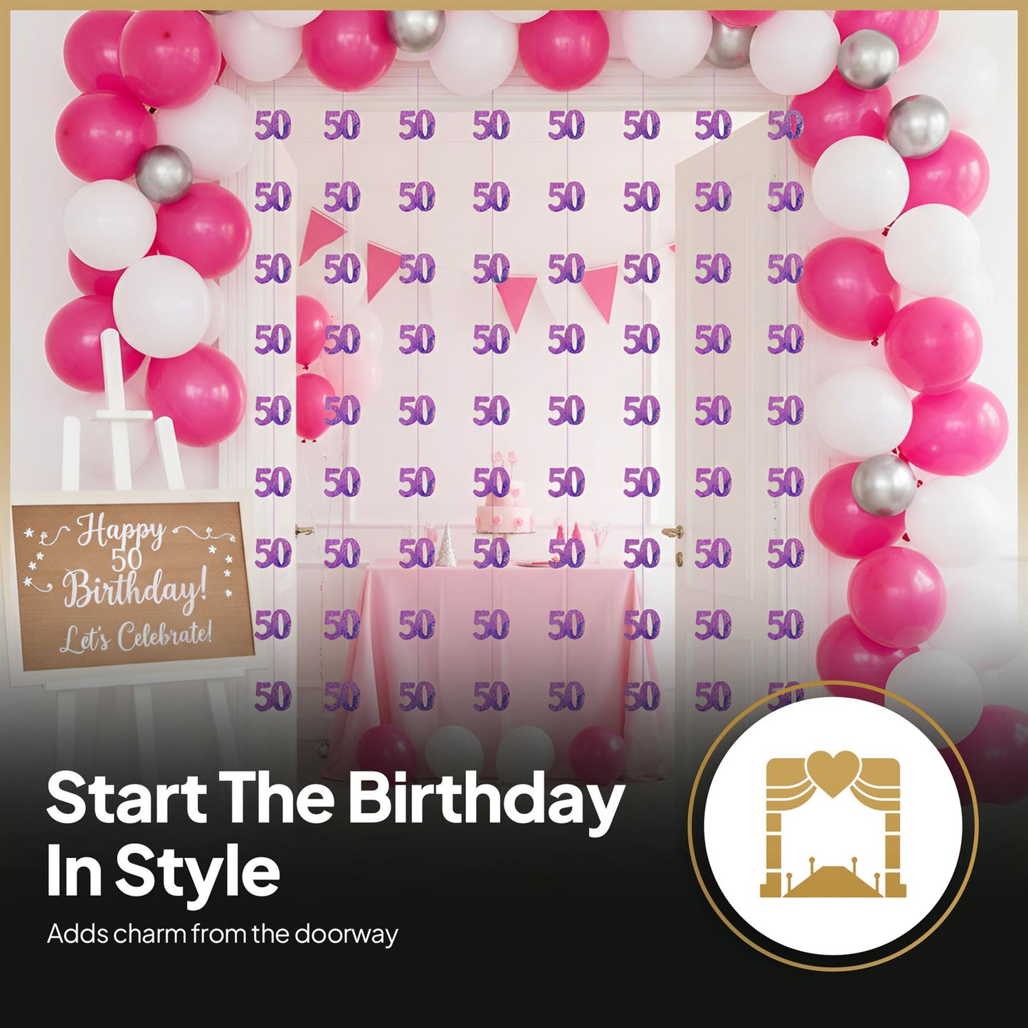 Shatchi 50th Glitz Pink Foil Hanging String Party Decorations Pack of 6