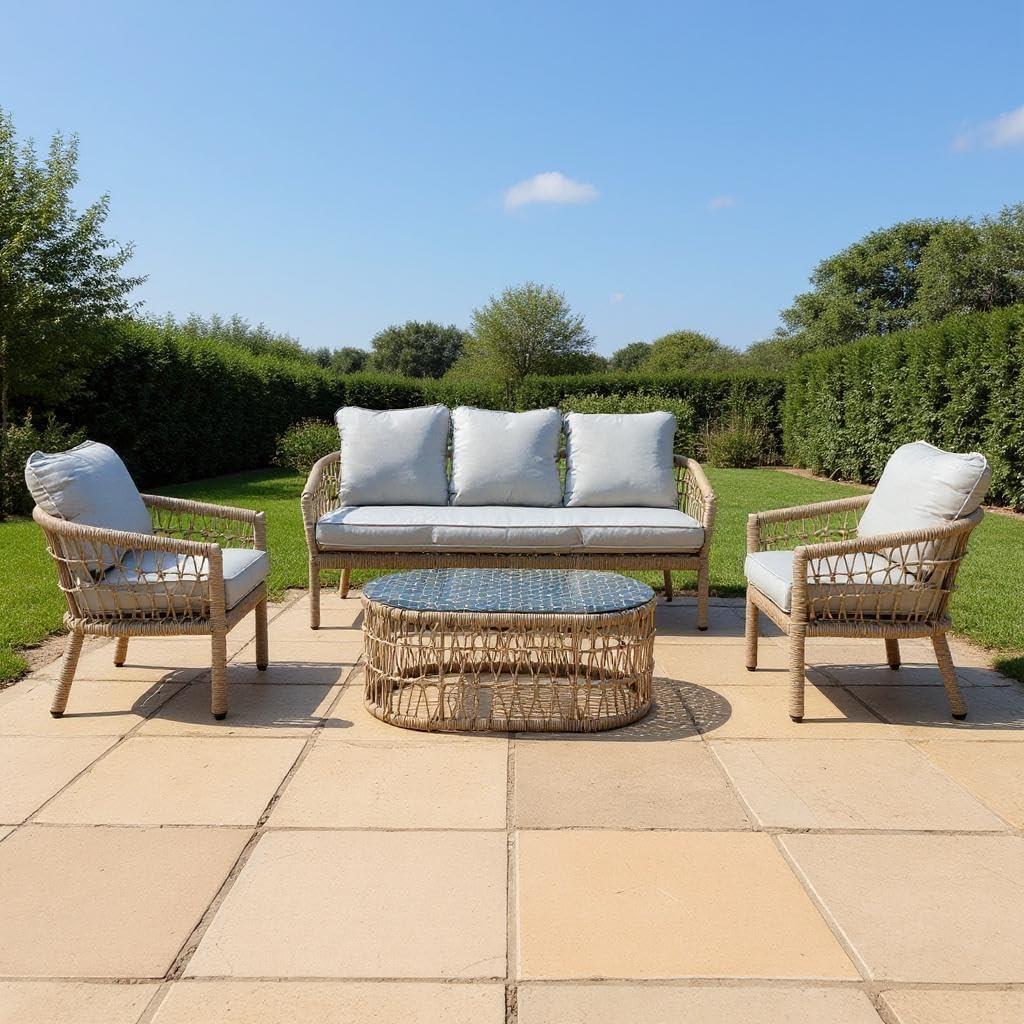 4Pcs Capri 5 Seater Sofa Set Natural Woven Rattan - Sofa, Table, Chairs