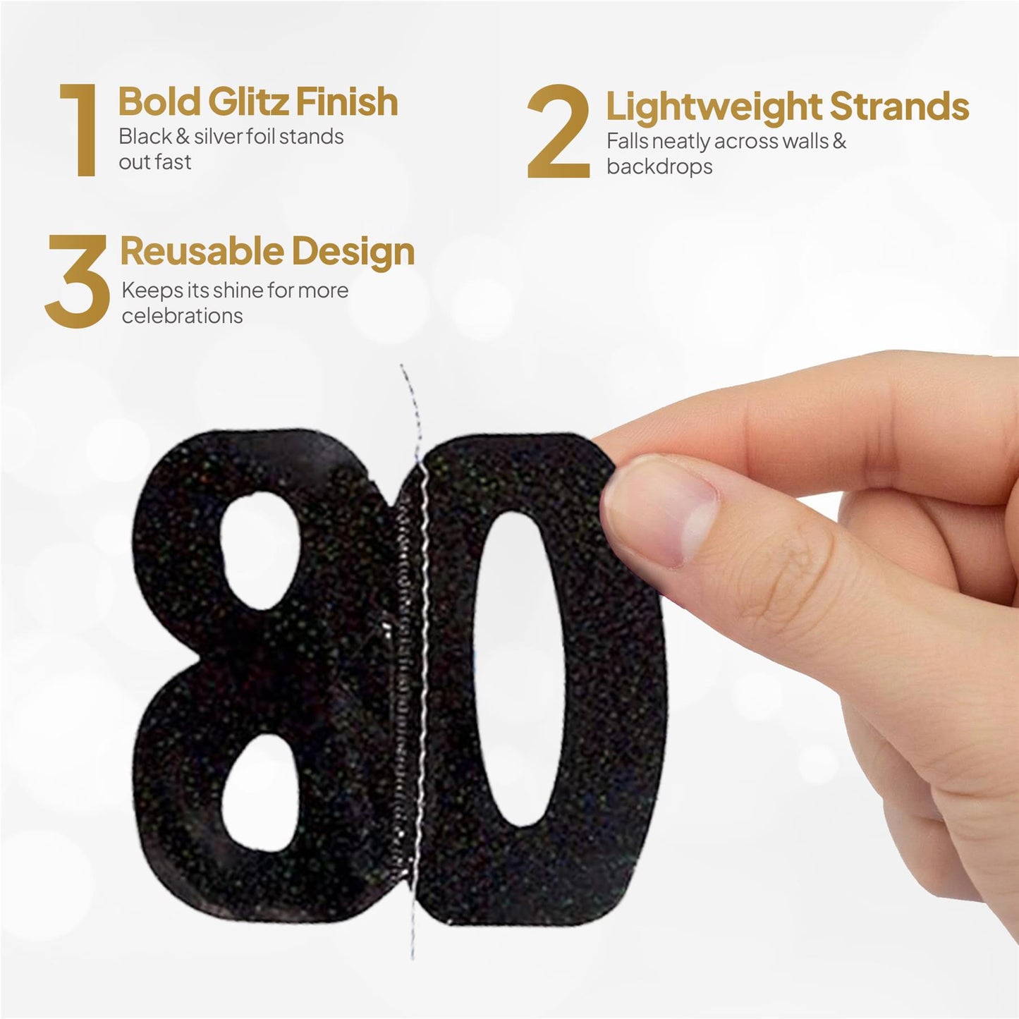 Shatchi 80th Glitz Black & Silver Hanging String Decorations Pack of 6
