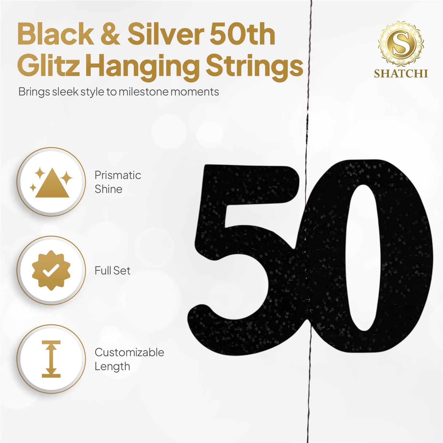 Shatchi 50th Glitz Black & Silver Hanging String Decorations Pack of 6