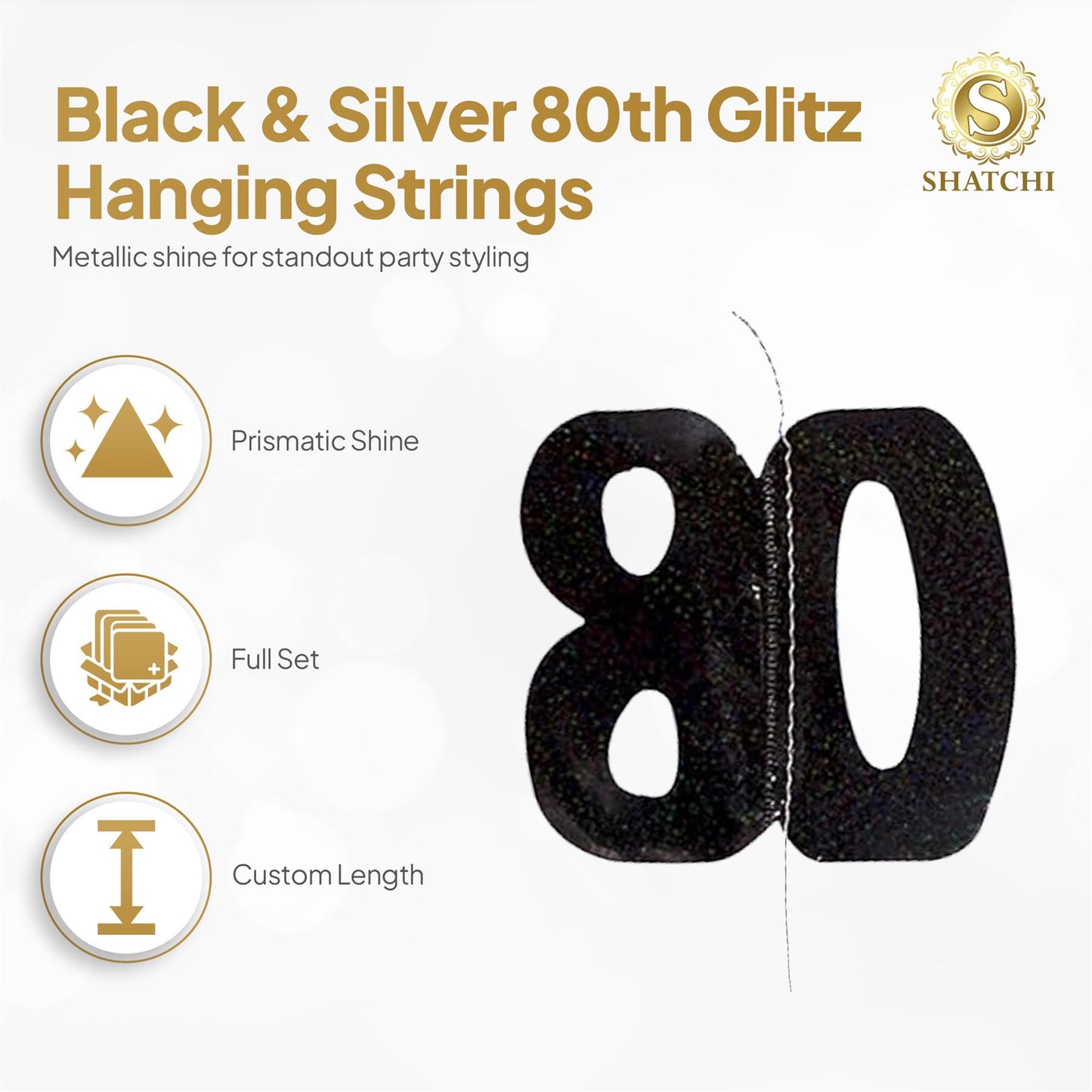Shatchi 80th Glitz Black & Silver Hanging String Decorations Pack of 6