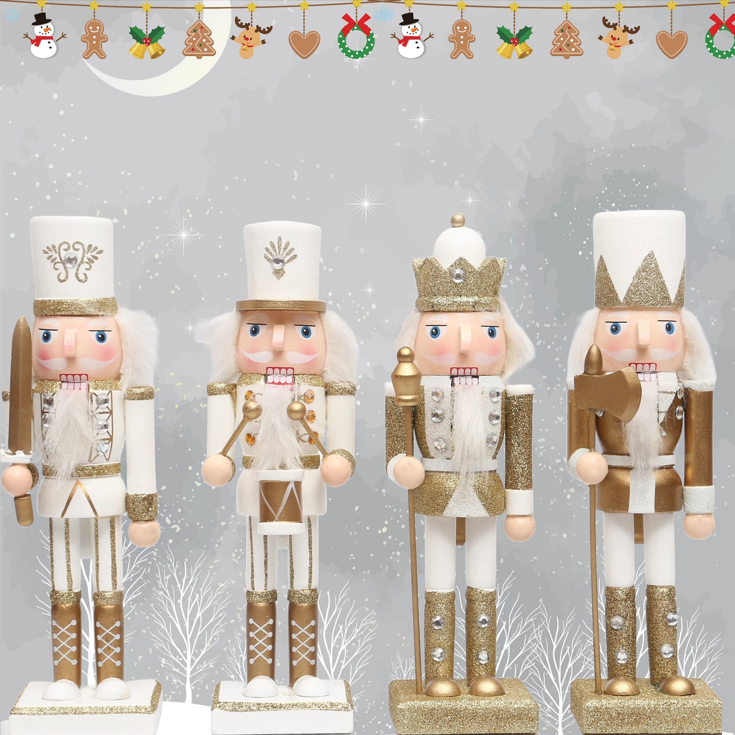 25cm Gold & White Wooden Nutcrackers - 4 Pcs Set