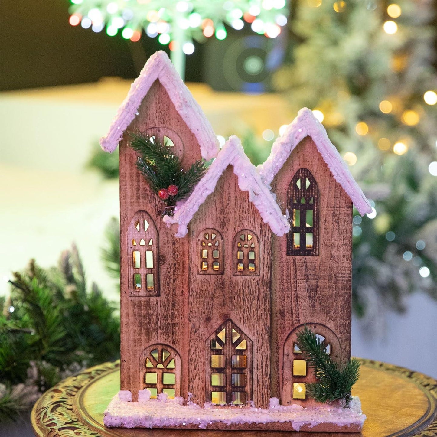 LED Brown Snow Covered Wooden House, 24x7x35cm