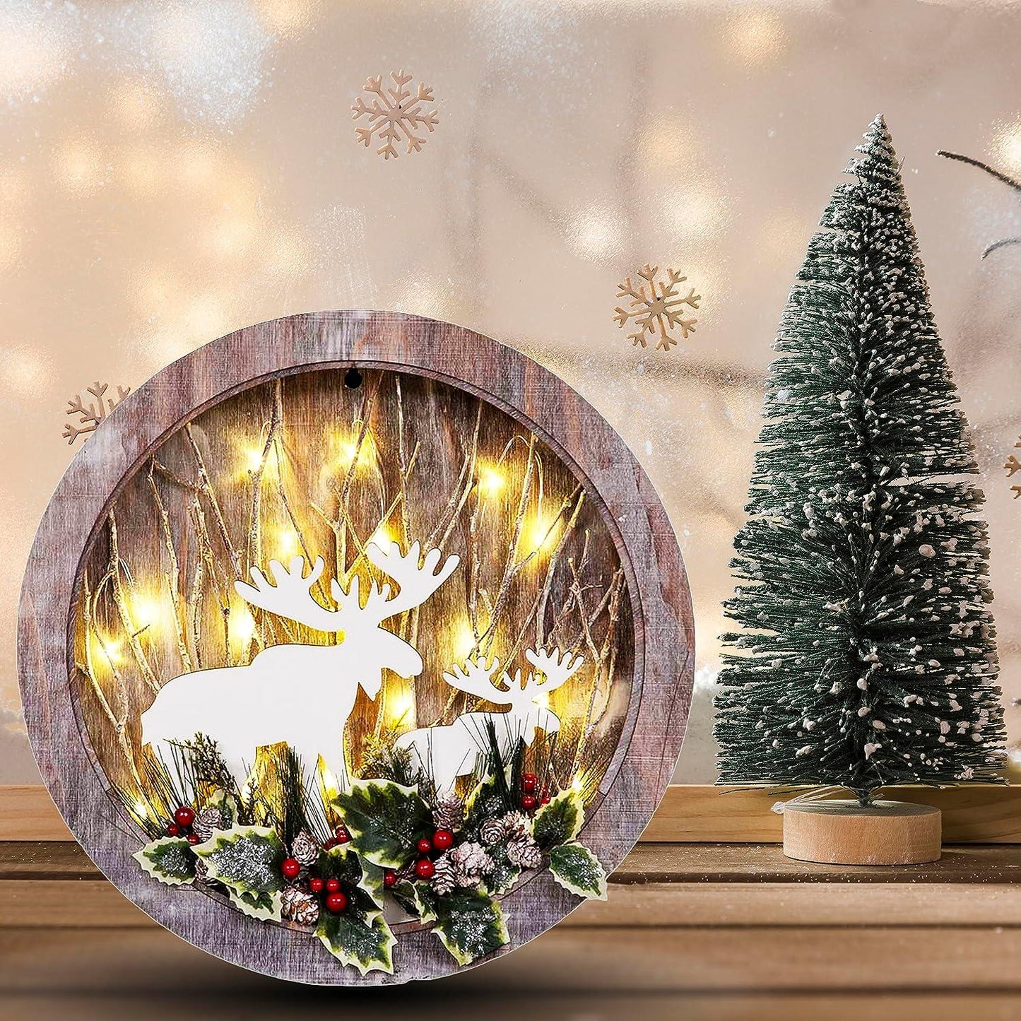 LED Wooden Reindeer Scene Wreath Shape D30xW4.5