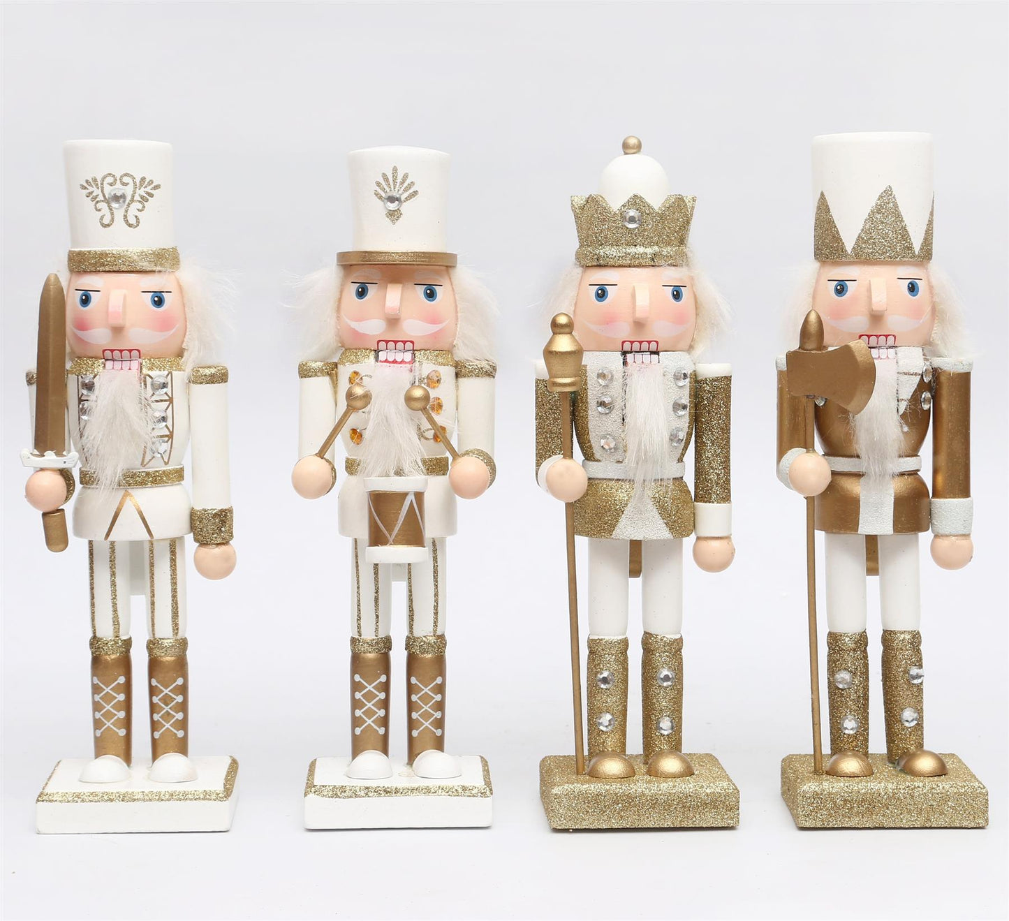 25cm Gold & White Wooden Nutcrackers - 4 Pcs Set