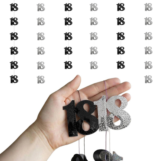Shatchi 18th Glitz Black & Silver Hanging String Decorations Pack of 6