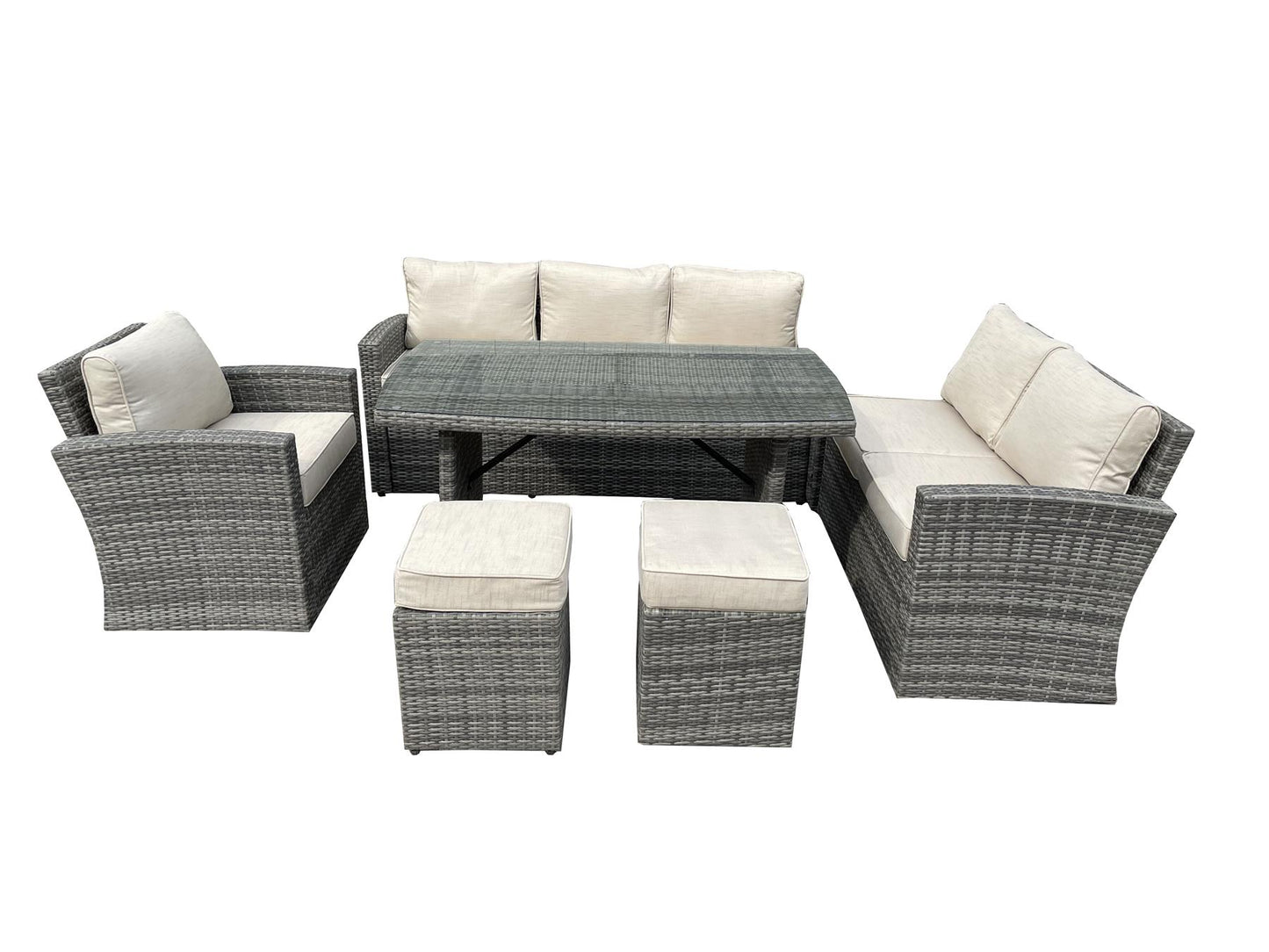 Grey Rattan Furniture Set (3 Seater Sofa, 2 Seater Sofa, 2 Stools, 1 Table, 1 Chair, 1 Storage Box)