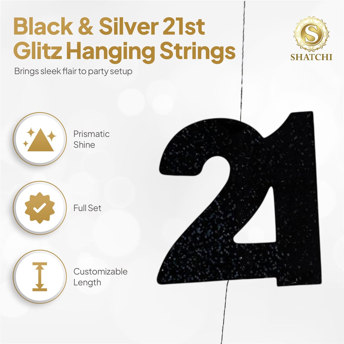 Shatchi 21st Glitz Black & Silver Hanging String Decorations Pack of 6