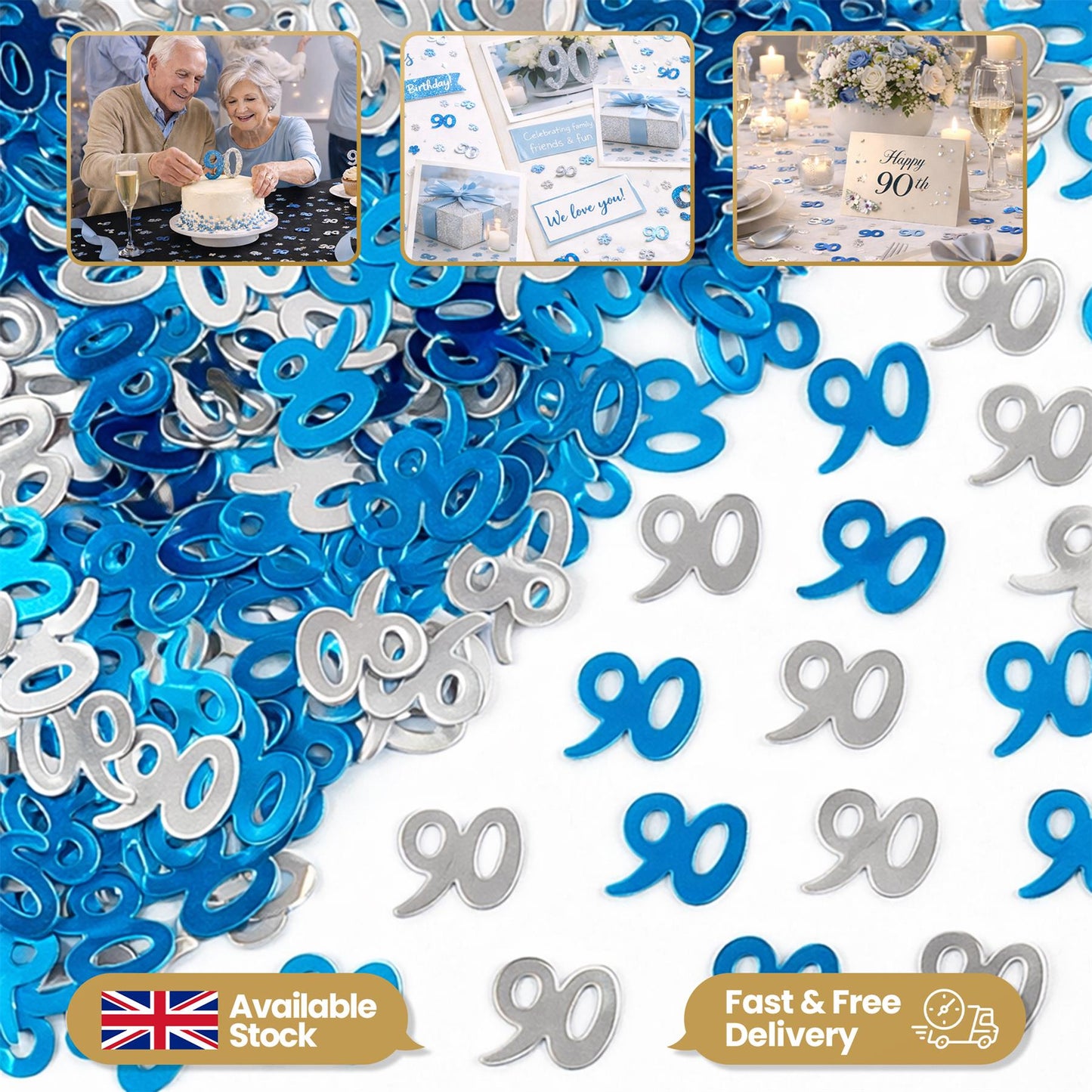 90th Birthday Confetti - Blue & Silver, 14g, 2 Pack