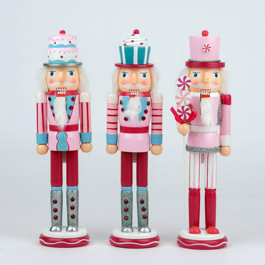 38cm Wooden Nutcrackers Figures - 3Pcs Set in Pink and Blue