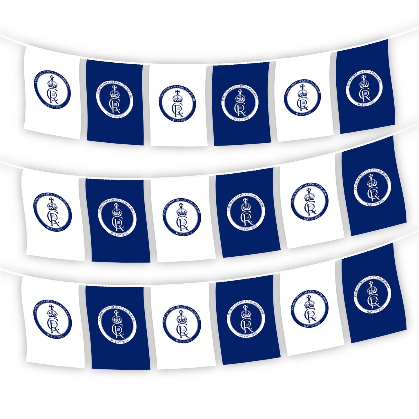 20m Bunting King Charles III Coronation Cypher Blue White Square 48 Flags