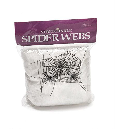 Halloween Spider Web with 4 Spiders - White Stretchable Cobweb Decoration
