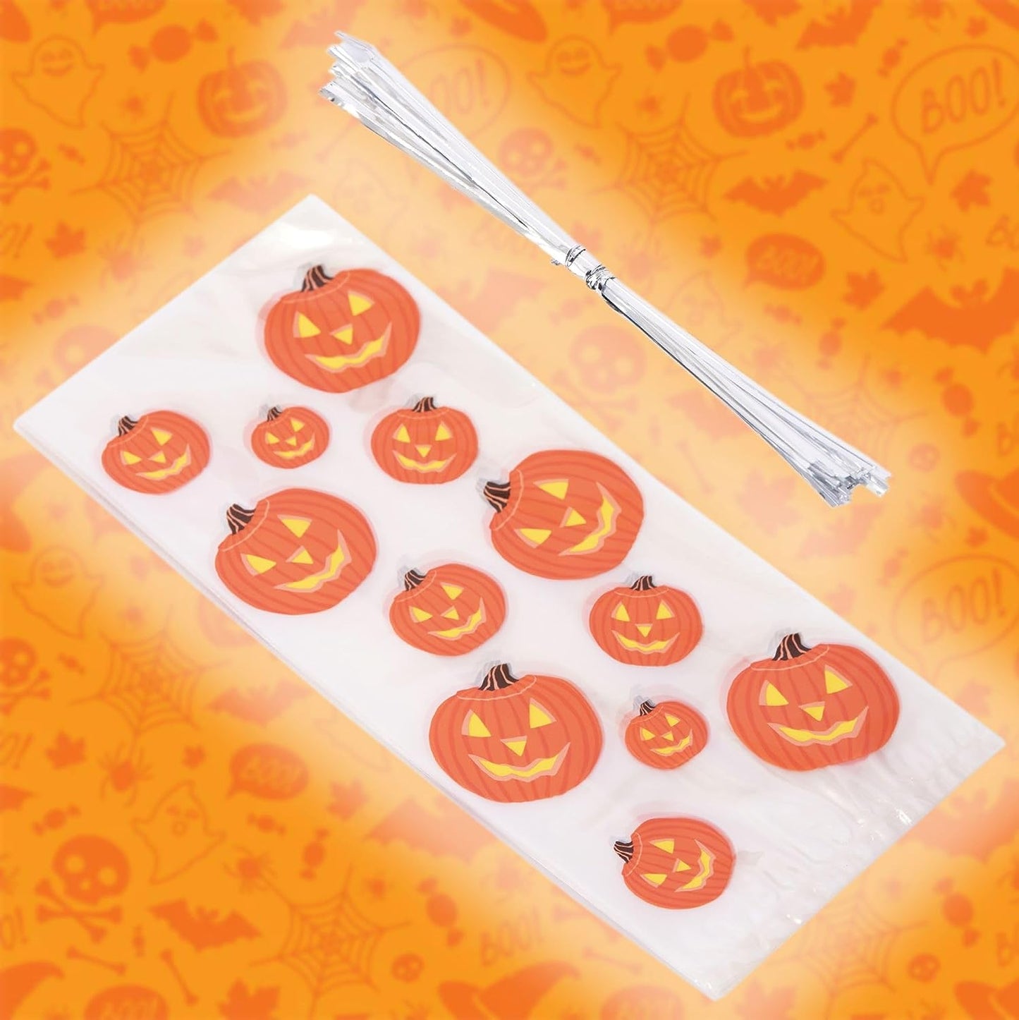 Halloween Pumpkin Cellophane Bags - Easy-Sealing Treat & Gift Sweets Decorations