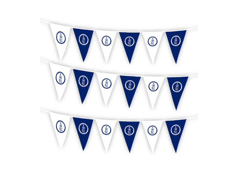 20m Bunting King Charles III Coronation Cypher Blue White Triangle 48 Flags