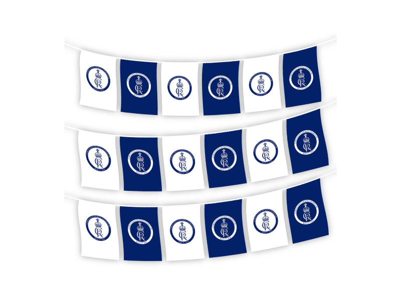10m Bunting King Charles III Coronation Cypher Blue White Square 24 Flags